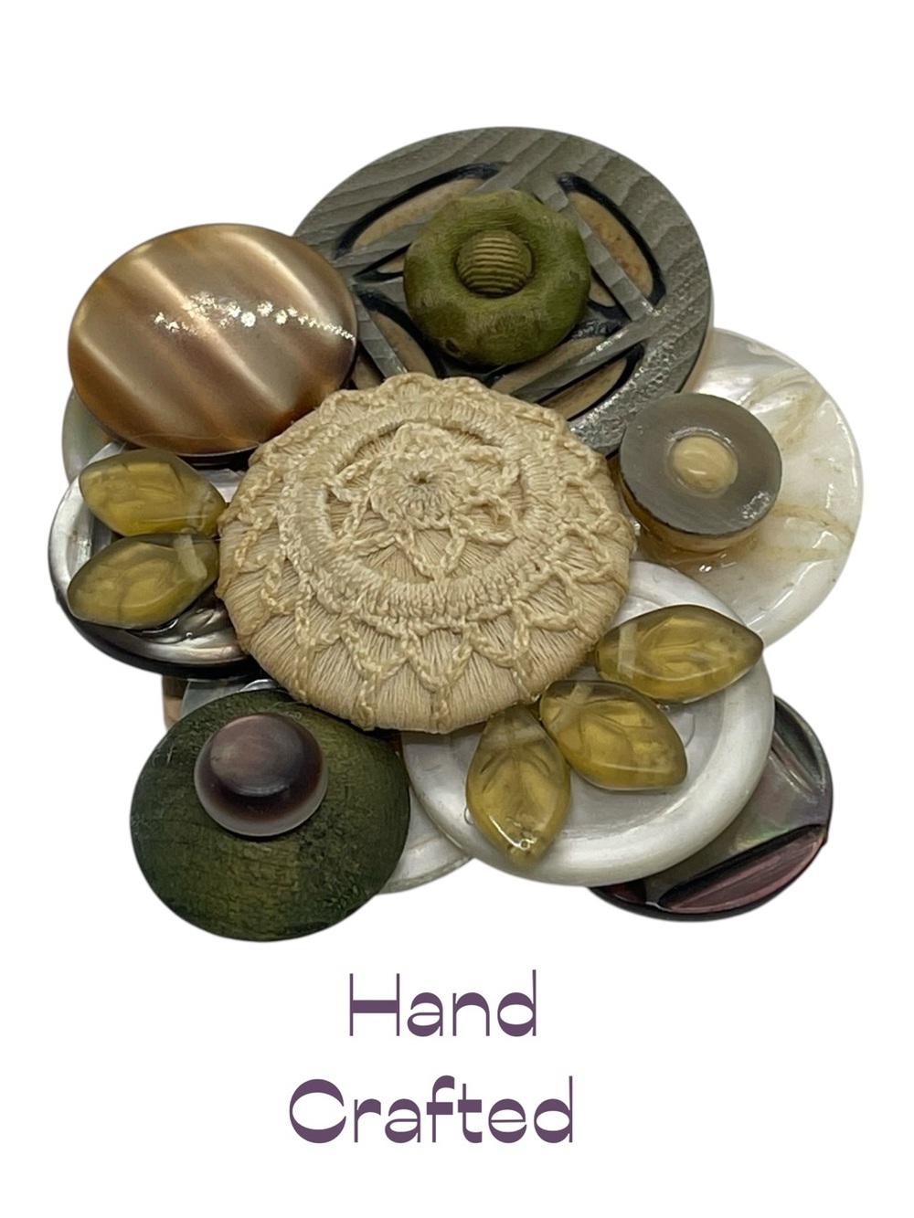 Hand Crafted Antique Fabric Resin Cream Tan Buttons Brooch NWT